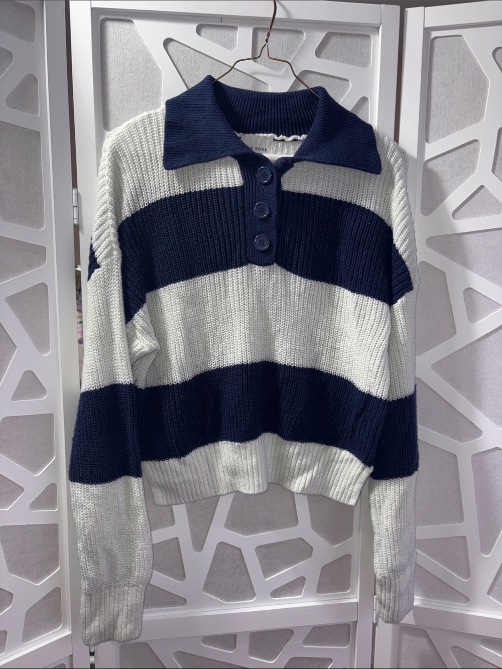 Navy and White Striped Collared Knit Pullover Sweater